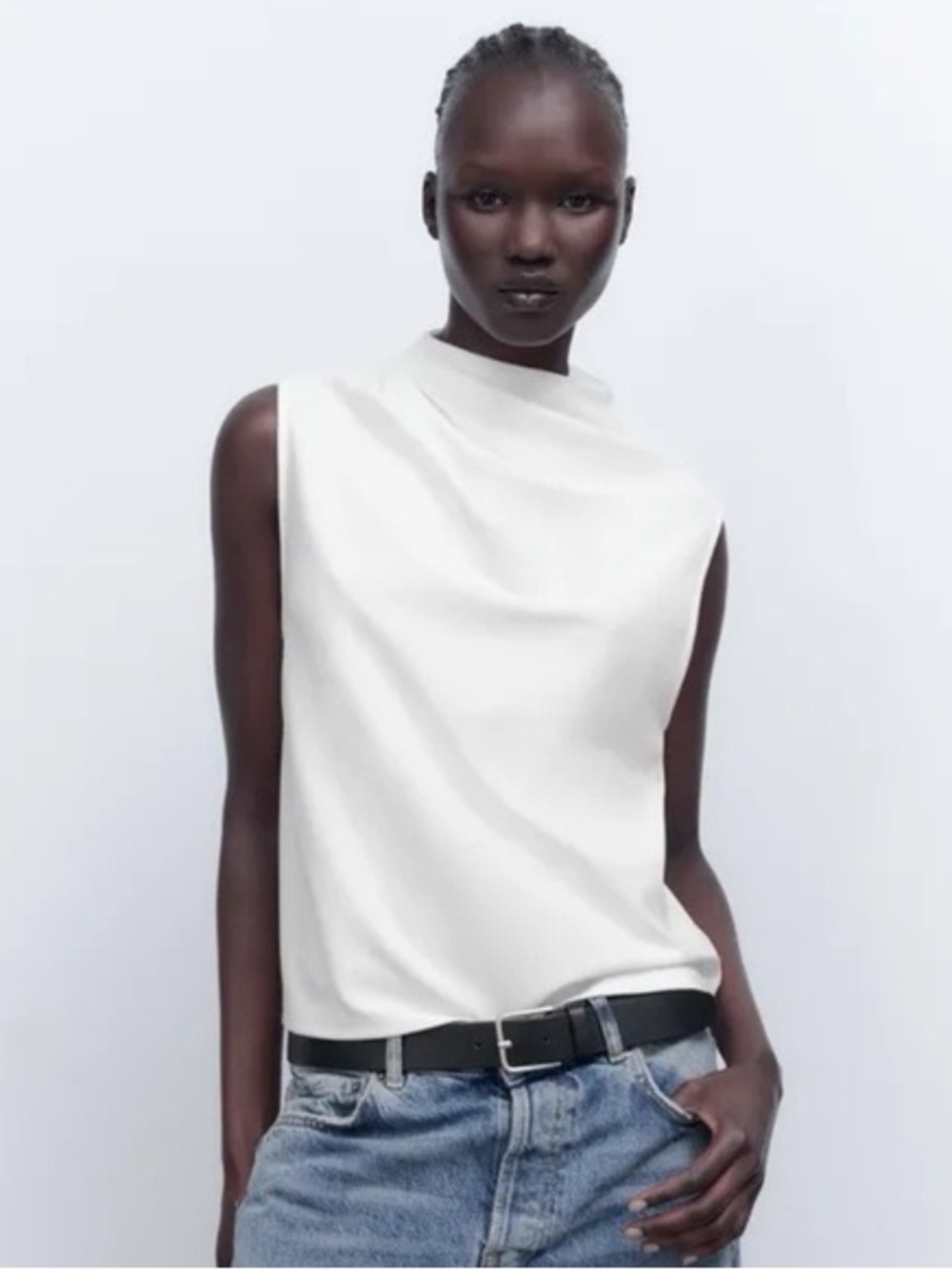 Zara Sleeveless High-Neck Mock-Neck White Crepe Women's Top